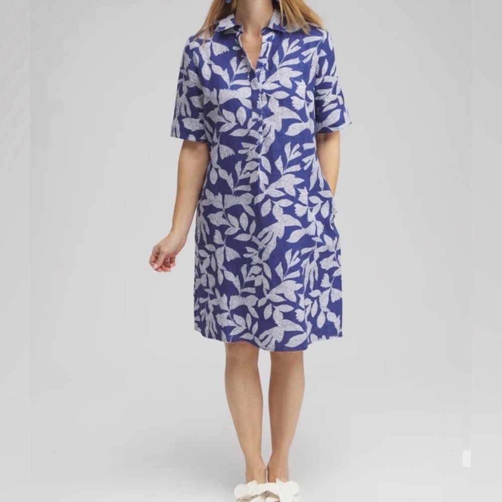 Chico’s Linen Leaf Popover Dress Women’s Size 8 Blue And White Coastal